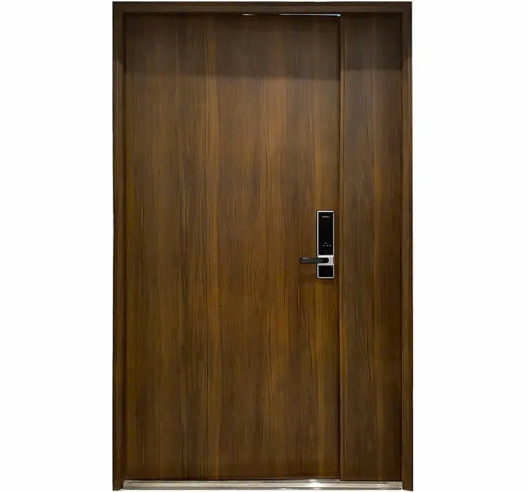 Cửa thép chống cháy EI60 một cánh bề mặt vân gỗ nâu, có tay co thủy lực và tay nắm kim loại
